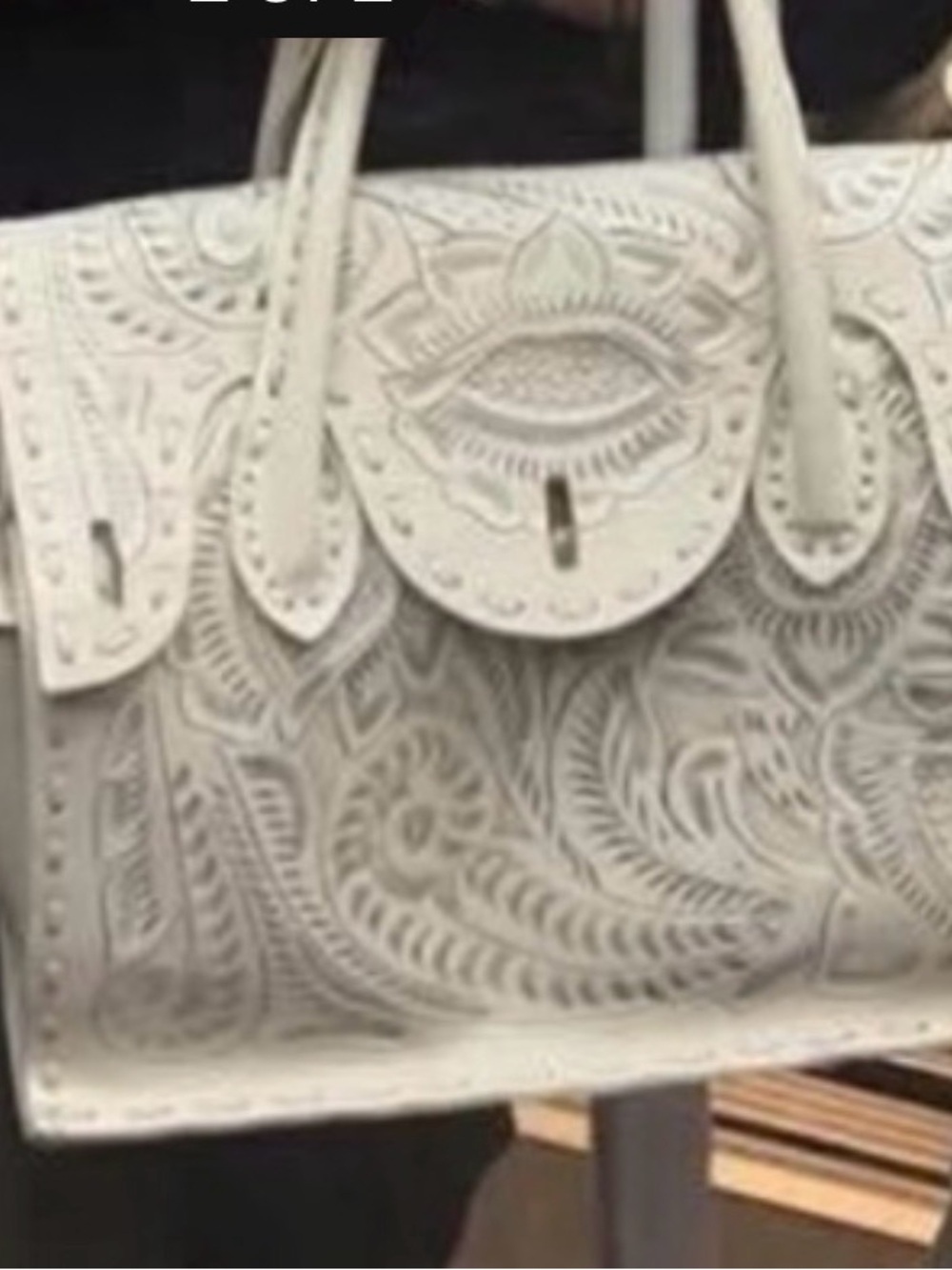 Vintage Carving Tribes Elegant White Tooled Leather Tote Sculpted Floral Detail